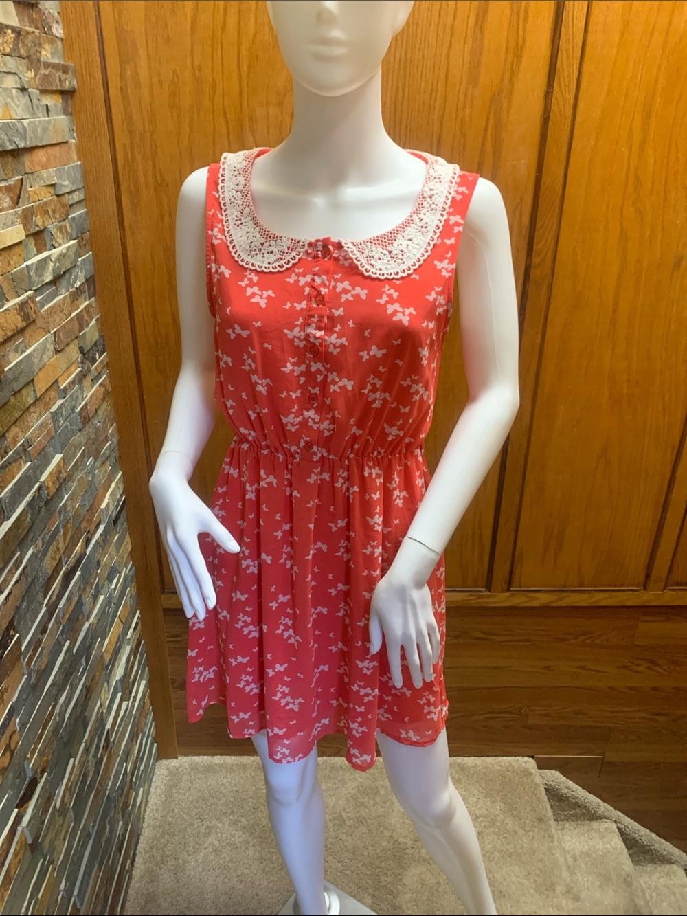 Forever 21 Coral Dress with White Crochet Trim small
